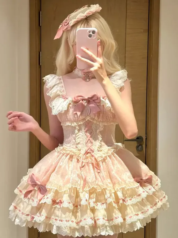 Sweet Ballet Lolita Dress Sleeveless Lace Up Choker Lace Up Ruffles Pink Lolita Dress With Hat