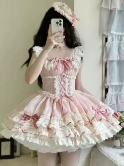 Sweet Ballet Lolita Dress Sleeveless Lace Up Choker Lace Up Ruffles Pink Lolita Dress With Hat