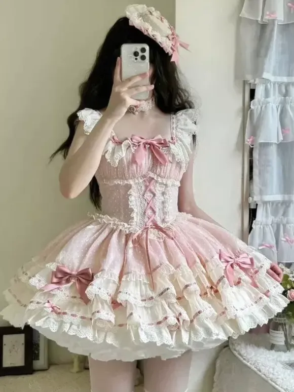 Sweet Ballet Lolita Dress Sleeveless Lace Up Choker Lace Up Ruffles Pink Lolita Dress With Hat