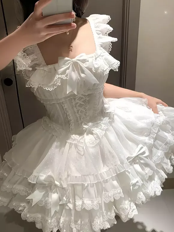 Sweet Ballet Lolita Dress Sleeveless Lace Up Choker Lace Up Ruffles Pink Lolita Dress With Hat