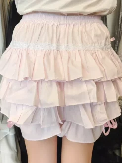 Sweet Black Pink Lolita Bloomers Layered Ruffles Bow Ribbon
