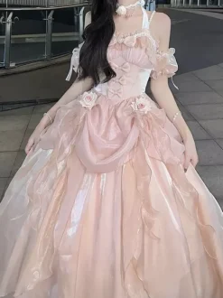 Sweet Fairy Lolita Dresses Hime Bank Bandage Sleeveless Ruffles Pink Lolita Dress