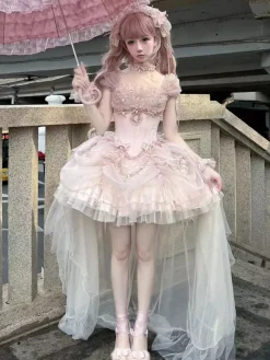 Sweet Fairy Lolita Dresses Pink Ruffles Off Shoulder Short Lolita Dress