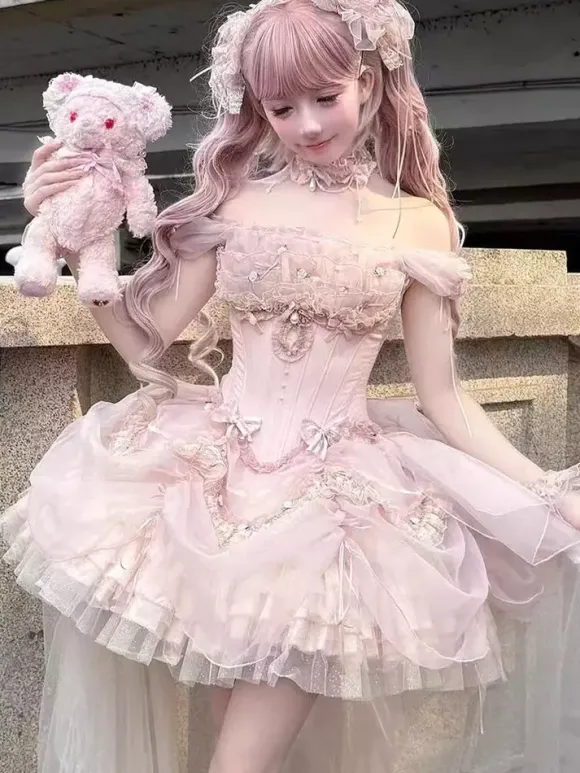 Sweet Fairy Lolita Dresses Pink Ruffles Off Shoulder Short Lolita Dress