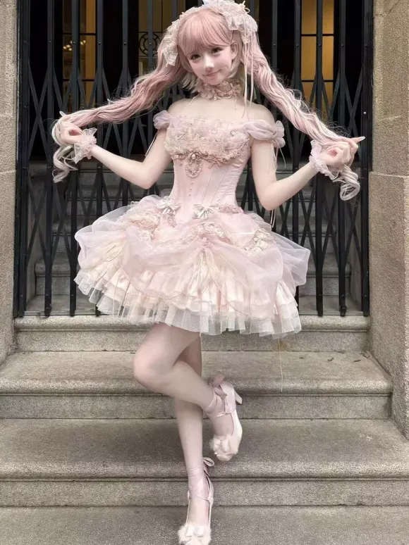 Sweet Fairy Lolita Dresses Pink Ruffles Off Shoulder Short Lolita Dress