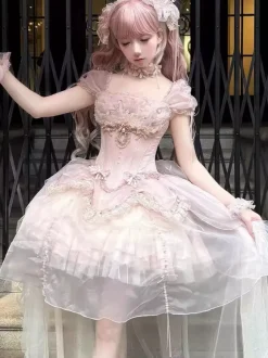 Sweet Fairy Lolita Dresses Pink Ruffles Off Shoulder Short Lolita Dress