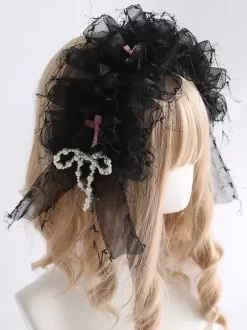 Sweet Lolita Accessories Black Pearls Bows Ruffles Headwear Miscellaneous