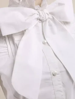 Sweet Lolita Blouse Long Sleeves White Cotton Stand Collar Bow Ruffles