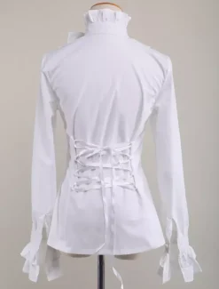 Sweet Lolita Blouse Long Sleeves White Cotton Stand Collar Bow Ruffles