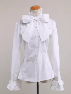 Sweet Lolita Blouse Long Sleeves White Cotton Stand Collar Bow Ruffles