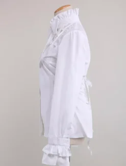 Sweet Lolita Blouse Long Sleeves White Cotton Stand Collar Bow Ruffles
