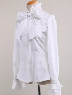 Sweet Lolita Blouse Long Sleeves White Cotton Stand Collar Bow Ruffles