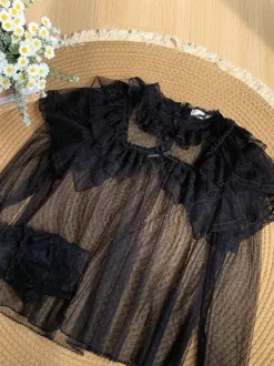 Sweet Lolita Blouses Black Long Sleeves Bows Ruffles Lolita Top Polka Dot Lolita Shirt