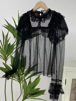 Sweet Lolita Blouses Black Long Sleeves Bows Ruffles Lolita Top Polka Dot Lolita Shirt