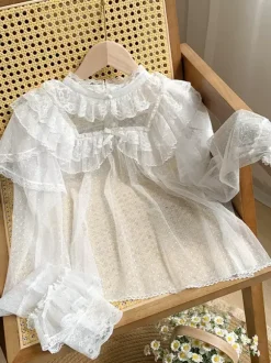 Sweet Lolita Blouses Black Long Sleeves Bows Ruffles Lolita Top Polka Dot Lolita Shirt