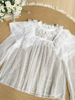 Sweet Lolita Blouses Black Long Sleeves Bows Ruffles Lolita Top Polka Dot Lolita Shirt
