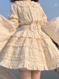 Sweet Lolita Blouses Ecru White Lolita Top Short Sleeves Pleated Ruffles Lolita Shirt