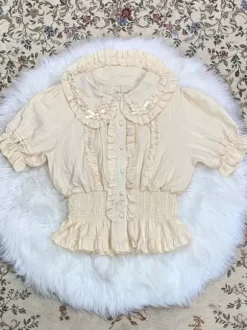 Sweet Lolita Blouses Ecru White Lolita Top Short Sleeves Pleated Ruffles Lolita Shirt
