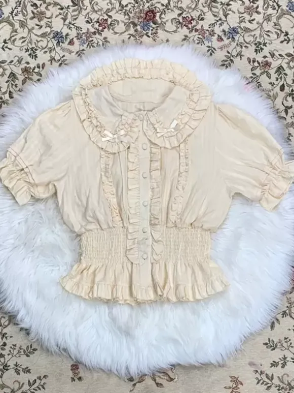 Sweet Lolita Blouses Ecru White Lolita Top Short Sleeves Pleated Ruffles Lolita Shirt