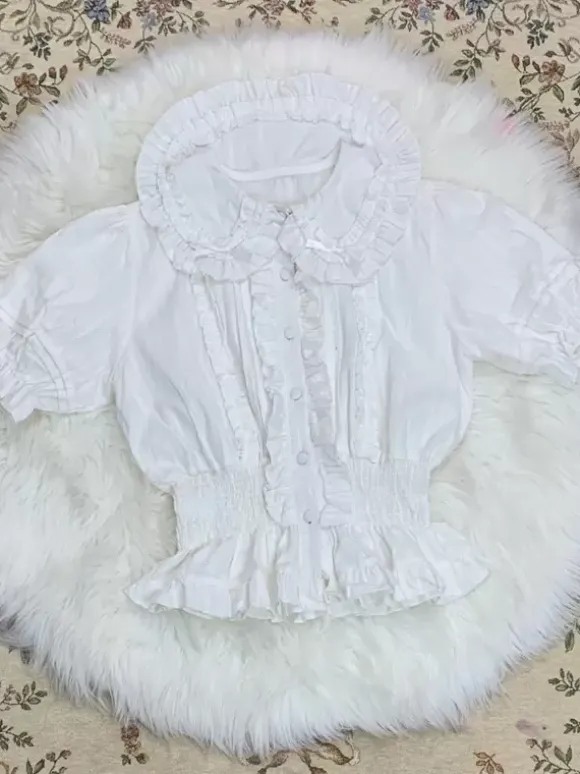 Sweet Lolita Blouses Ecru White Lolita Top Short Sleeves Pleated Ruffles Lolita Shirt