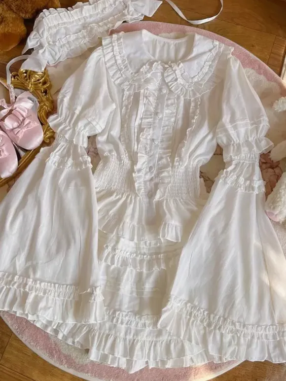 Sweet Lolita Blouses Ecru White Lolita Top Short Sleeves Pleated Ruffles Lolita Shirt