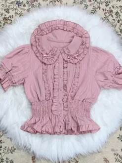 Sweet Lolita Blouses Ecru White Lolita Top Short Sleeves Pleated Ruffles Lolita Shirt