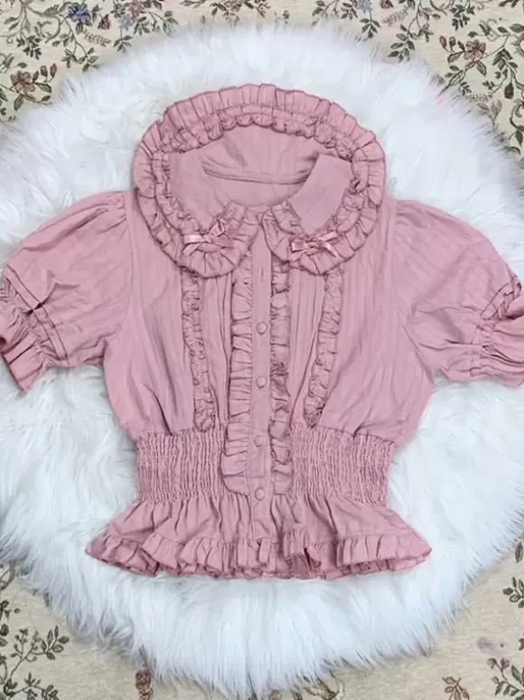 Sweet Lolita Blouses Ecru White Lolita Top Short Sleeves Pleated Ruffles Lolita Shirt