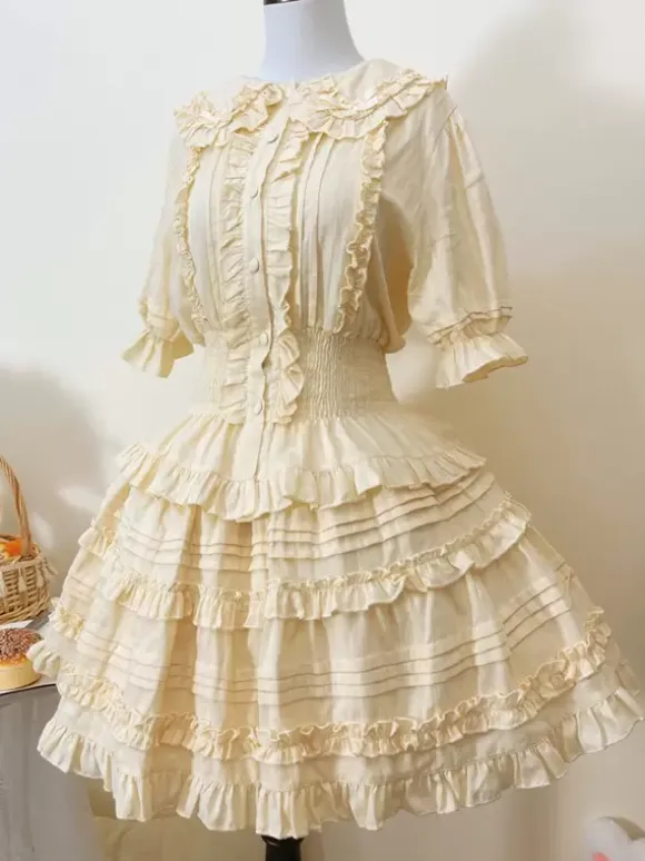 Sweet Lolita Blouses Ecru White Lolita Top Short Sleeves Pleated Ruffles Lolita Shirt