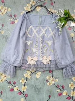 Sweet Lolita Blouses Infanta Ruffles Bows Long Sleeves Lolita Top Top Jacquard Baby Blue Lolita Shirt