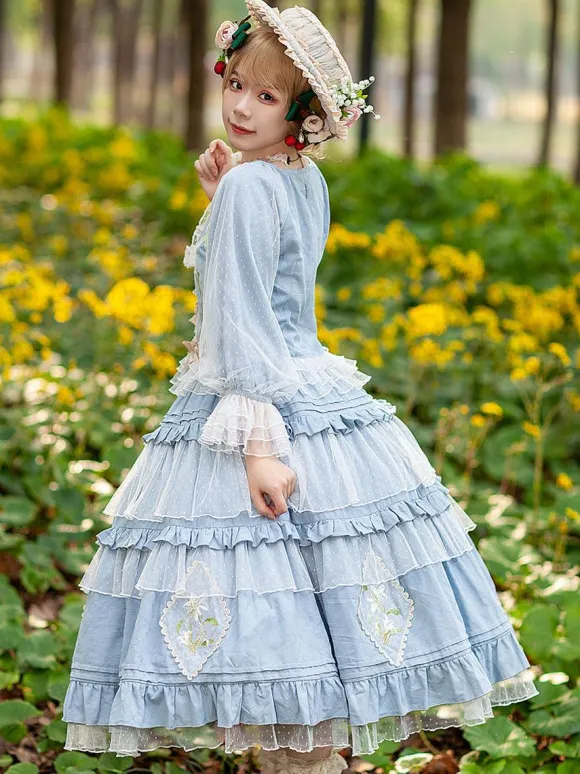 Sweet Lolita Blouses Infanta Ruffles Bows Long Sleeves Lolita Top Top Jacquard Baby Blue Lolita Shirt