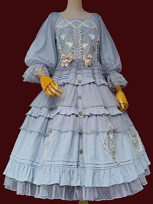 Sweet Lolita Blouses Infanta Ruffles Bows Long Sleeves Lolita Top Top Jacquard Baby Blue Lolita Shirt
