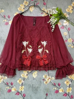 Sweet Lolita Blouses Infanta Ruffles Bows Long Sleeves Lolita Top Top Jacquard Baby Blue Lolita Shirt