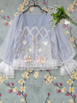 Sweet Lolita Blouses Infanta Ruffles Bows Long Sleeves Lolita Top Top Jacquard Baby Blue Lolita Shirt