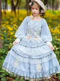 Sweet Lolita Blouses Infanta Ruffles Bows Long Sleeves Lolita Top Top Jacquard Baby Blue Lolita Shirt