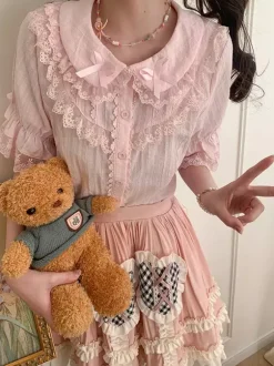 Sweet Lolita Blouses Lace Bows Lolita Top Short Sleeves Blouse Lace Black Lolita Shirt