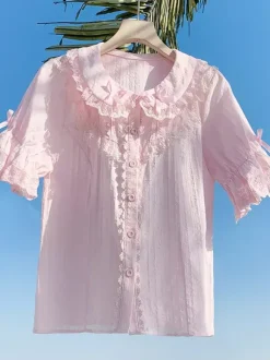 Sweet Lolita Blouses Lace Bows Lolita Top Short Sleeves Blouse Lace Black Lolita Shirt