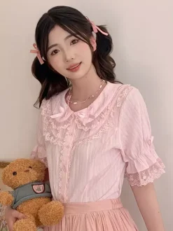 Sweet Lolita Blouses Lace Bows Lolita Top Short Sleeves Blouse Lace Black Lolita Shirt