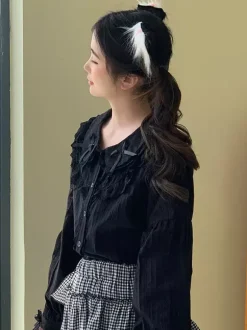 Sweet Lolita Blouses Lace Bows Lolita Top Short Sleeves Blouse Lace Black Lolita Shirt