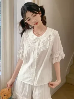 Sweet Lolita Blouses Lace Bows Lolita Top Short Sleeves Blouse Lace Black Lolita Shirt