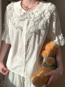 Sweet Lolita Blouses Lace Bows Lolita Top Short Sleeves Blouse Lace Black Lolita Shirt