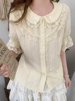 Sweet Lolita Blouses Lace Bows Lolita Top Short Sleeves Blouse Lace Black Lolita Shirt