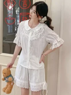 Sweet Lolita Blouses Lace Bows Lolita Top Short Sleeves Blouse Lace Black Lolita Shirt