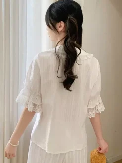 Sweet Lolita Blouses Lace Bows Lolita Top Short Sleeves Blouse Lace Black Lolita Shirt