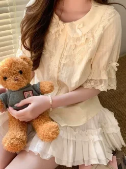 Sweet Lolita Blouses Lace Bows Lolita Top Short Sleeves Blouse Lace Black Lolita Shirt
