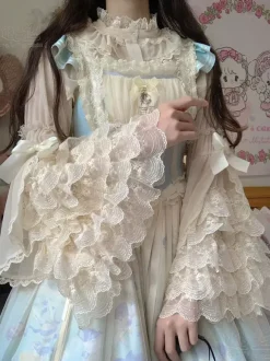 Sweet Lolita Blouses Lolita Top Ruffles Bows Long Sleeves Blouse Ecru White Lolita Shirt