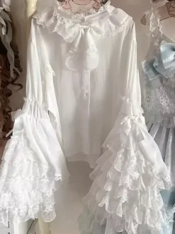 Sweet Lolita Blouses Lolita Top Ruffles Bows Long Sleeves Blouse Ecru White Lolita Shirt