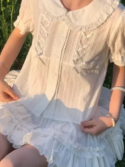 Sweet Lolita Blouses Lolita Top Ecru White Short Sleeves Bows Ruffles Lolita Shirt