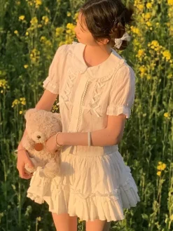 Sweet Lolita Blouses Lolita Top Ecru White Short Sleeves Bows Ruffles Lolita Shirt