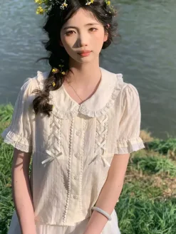 Sweet Lolita Blouses Lolita Top Ecru White Short Sleeves Bows Ruffles Lolita Shirt