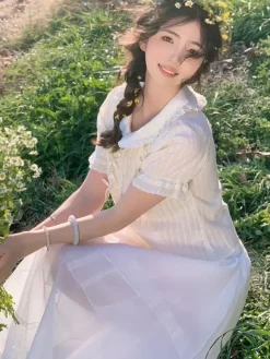 Sweet Lolita Blouses Lolita Top Ecru White Short Sleeves Bows Ruffles Lolita Shirt